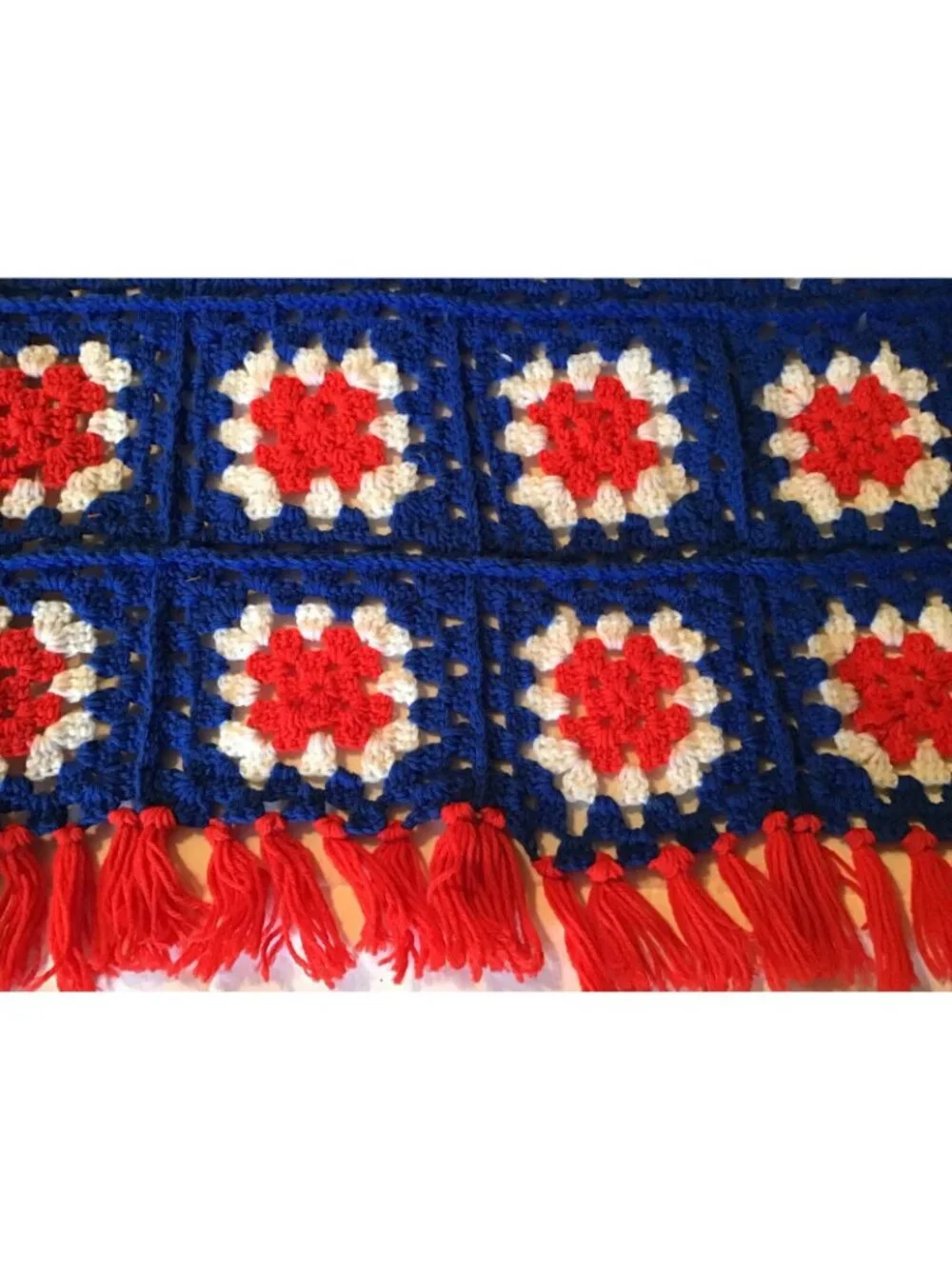 Handmade Crocheted Granny Square Red White Blue Vintage Afghan Throw Blanket